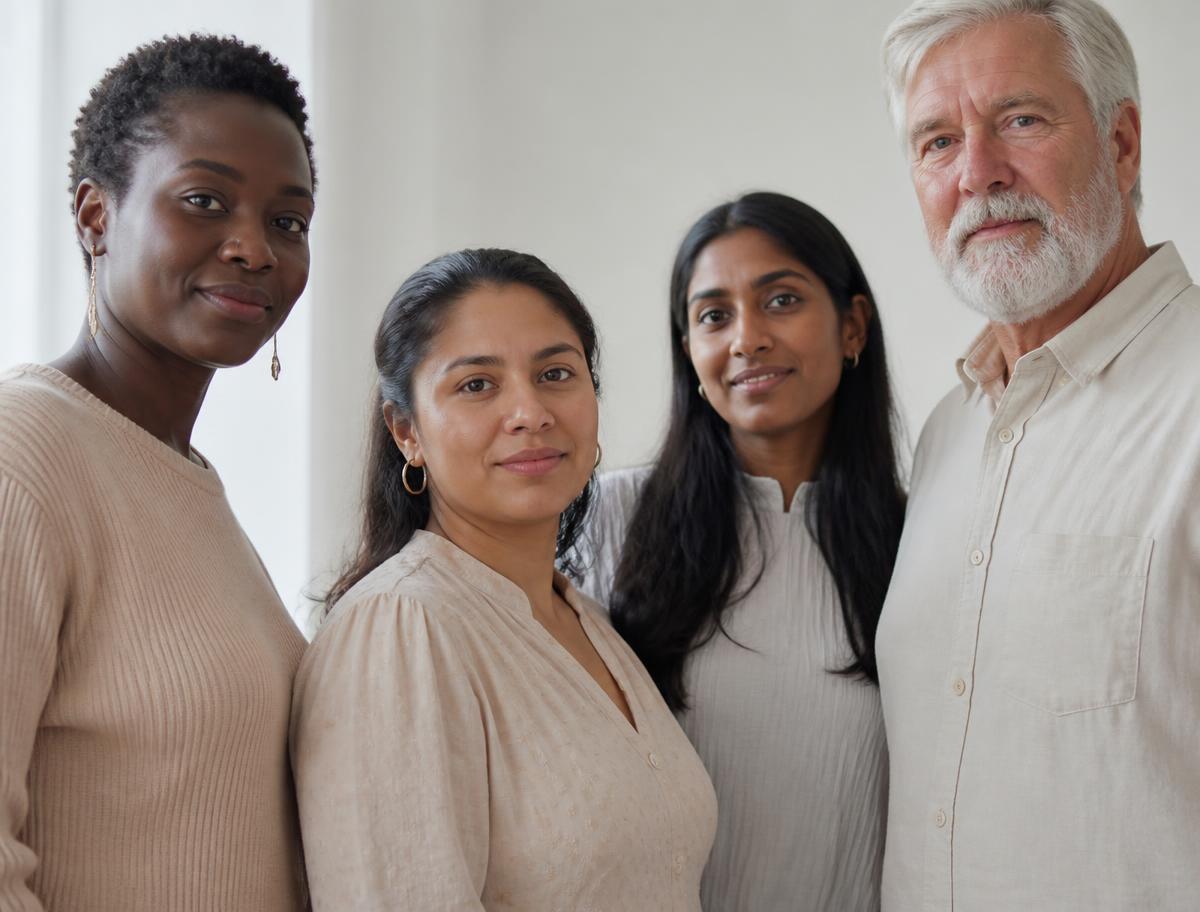A diverse group of adults standing together in a bright modern space