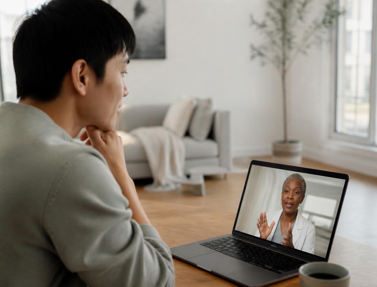 A person completing a health assessment on a laptop at home