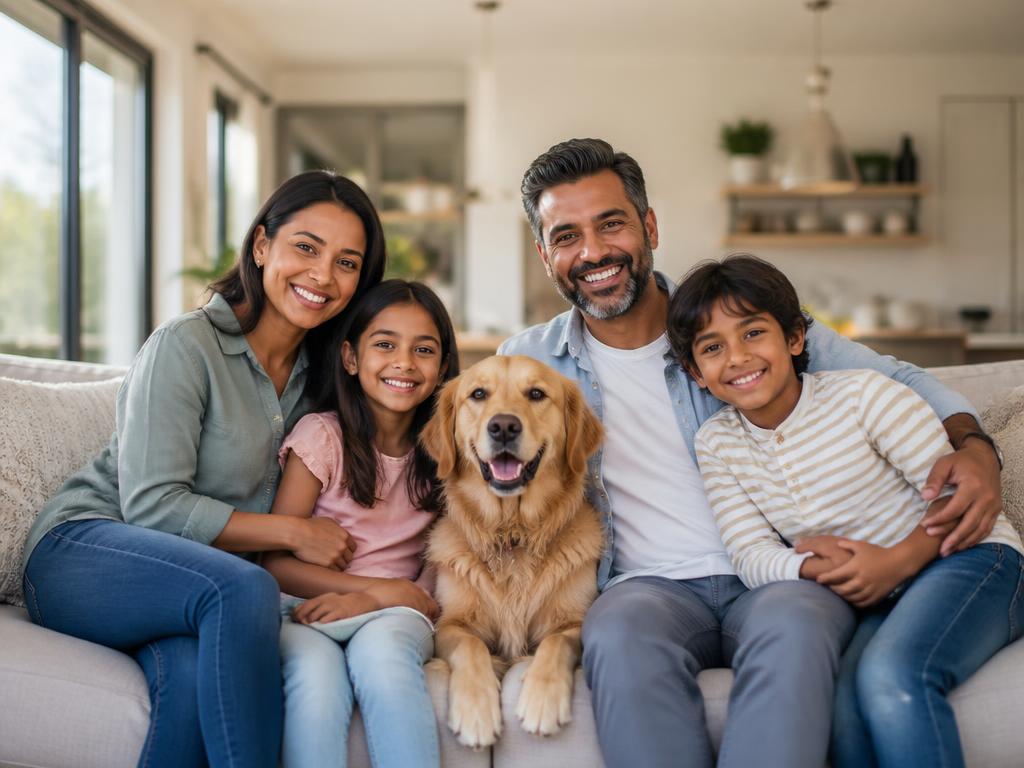A smiling family relaxing at home with their golden retriever