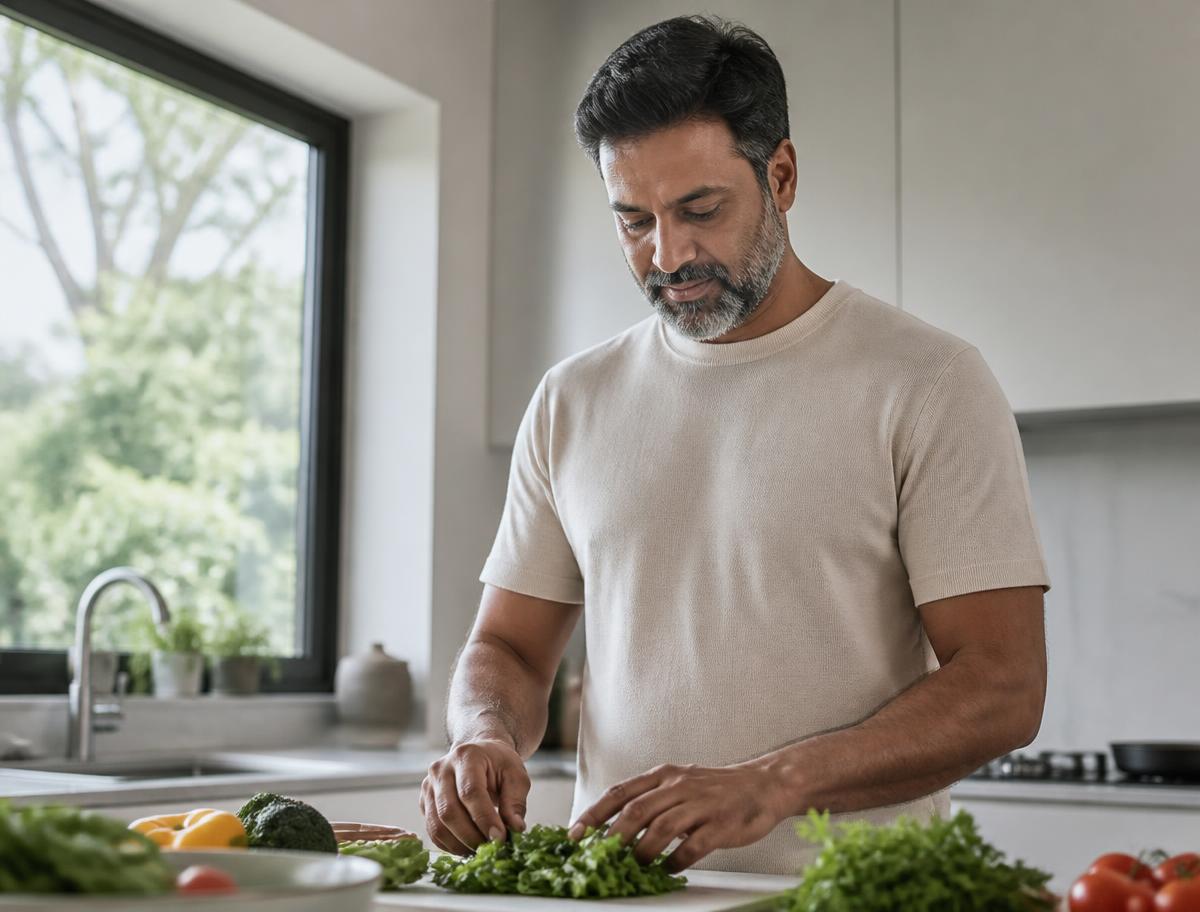A member preparing fresh vegetables in a bright kitchen