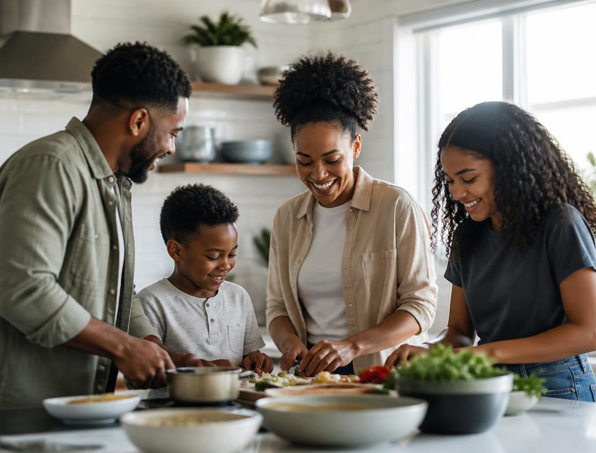 A family of four cooking dinner together in their kitchen