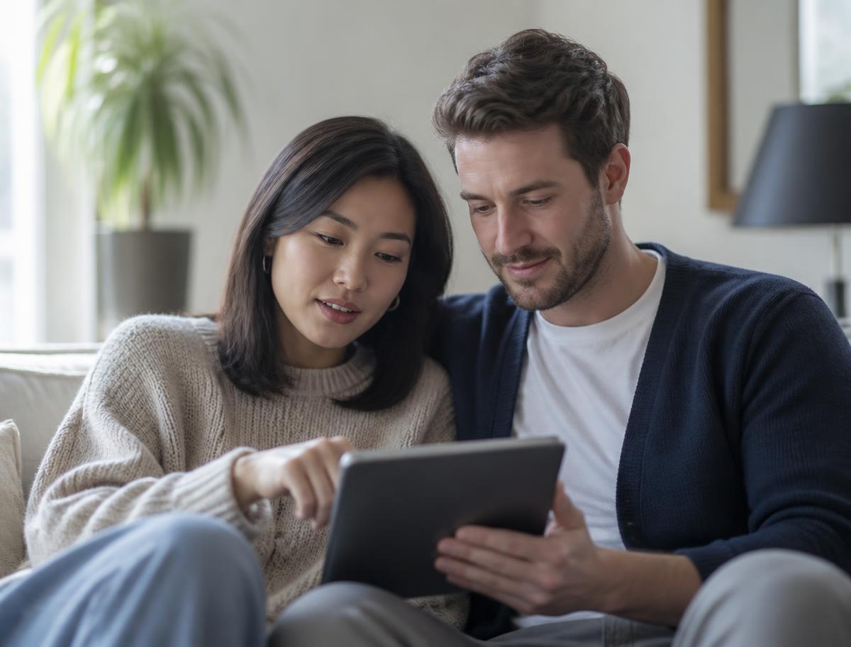 A couple reviewing their health app together at home