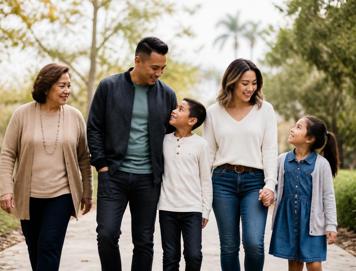 A multigenerational family walking together outdoors
