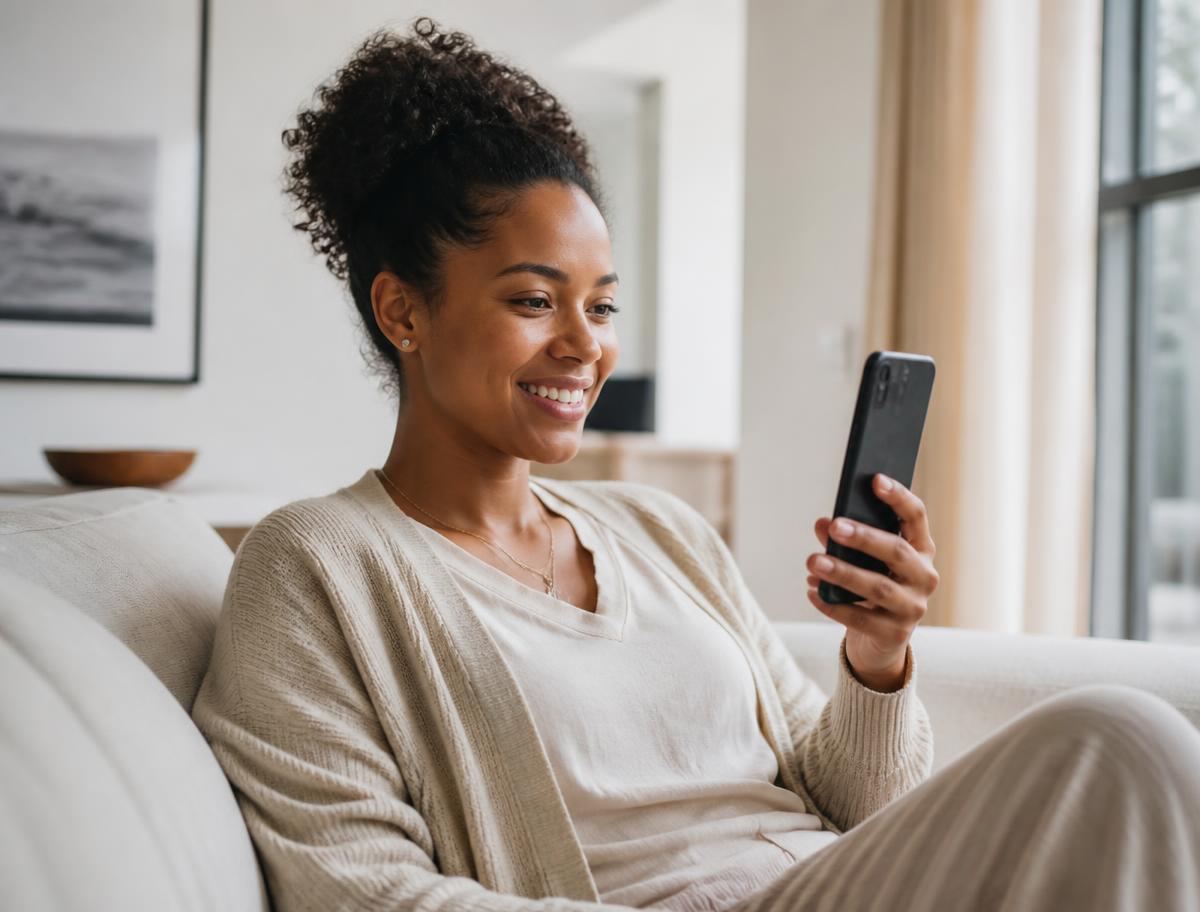 A member smiling during a virtual visit on her phone at home